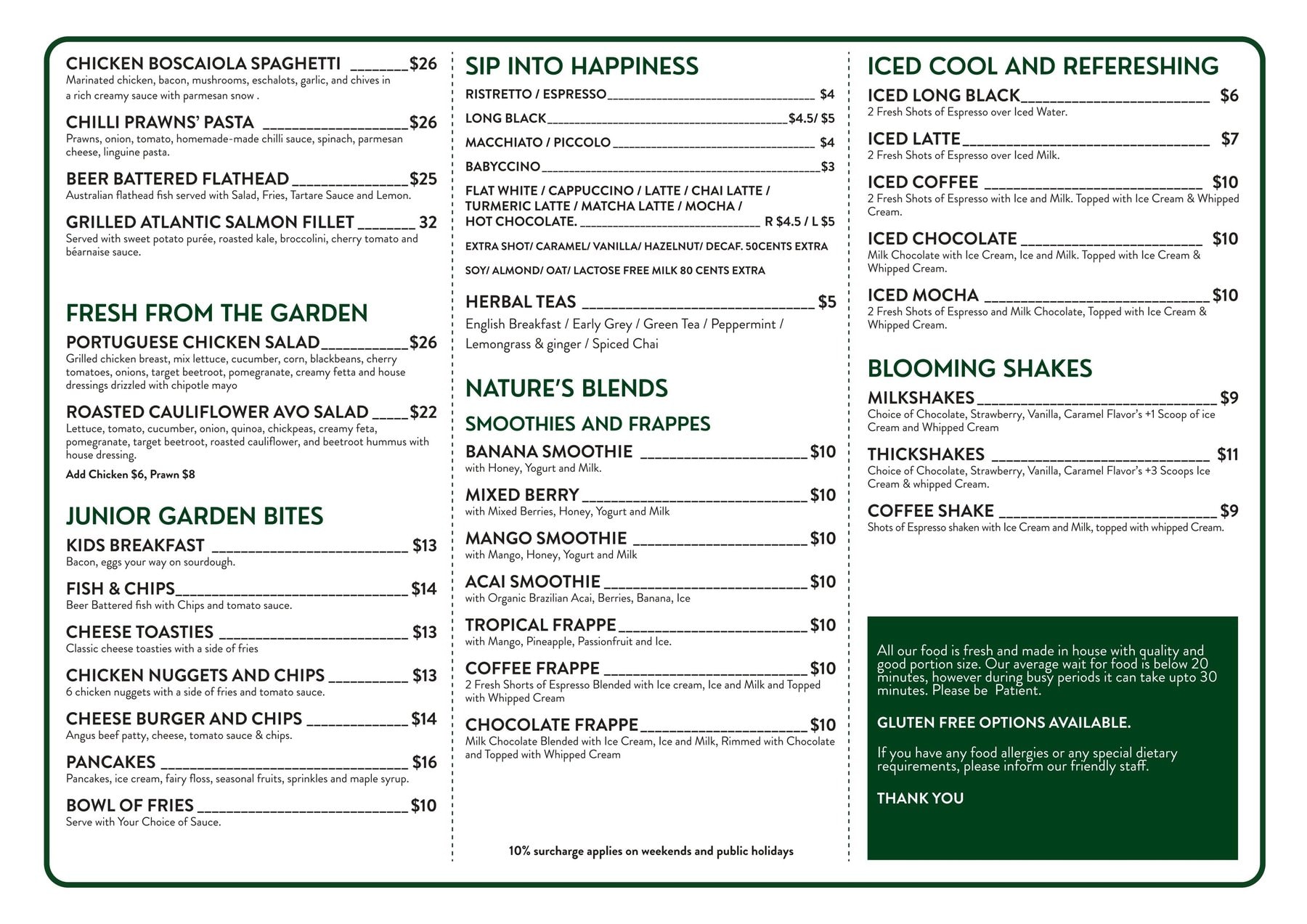 Bud Cafe mains, drinks, and kids menu